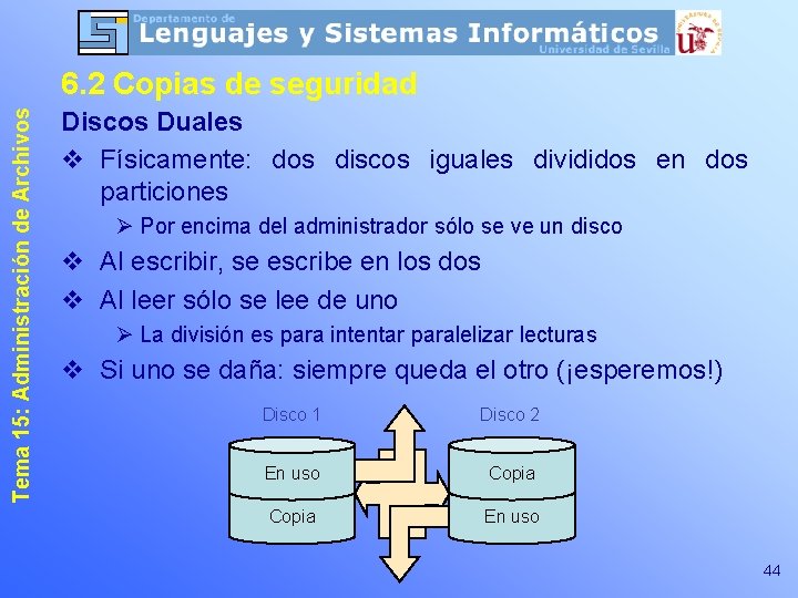 Tema 15: Administración de Archivos 6. 2 Copias de seguridad Discos Duales v Físicamente: Tema 15: Administración de Archivos 6. 2 Copias de seguridad Discos Duales v Físicamente: