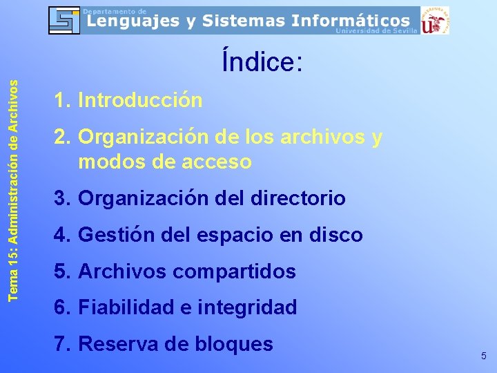 Tema 15: Administración de Archivos Índice: 1. Introducción 2. Organización de los archivos y Tema 15: Administración de Archivos Índice: 1. Introducción 2. Organización de los archivos y