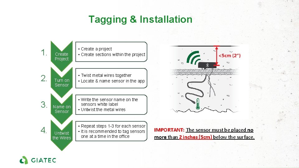 Tagging & Installation 1. 2. 3. 4. Create Project Turn on Sensor • Create