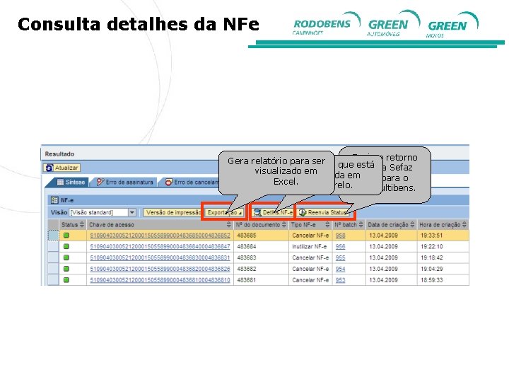 Consulta detalhes da NFe Envia o retorno Gera relatório para aser Detalha NFe que