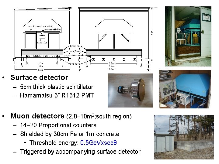 • Surface detector – 5 cm thick plastic scintillator – Hamamatsu 5” R