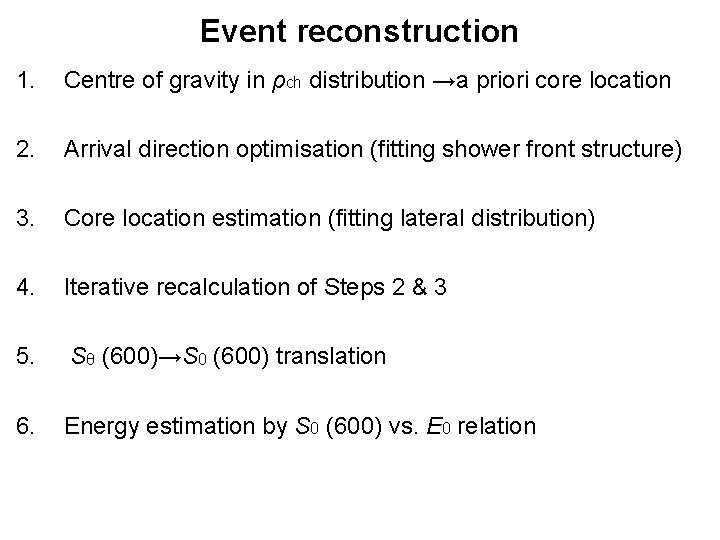 Event reconstruction 1. Centre of gravity in ρch distribution →a priori core location 2.