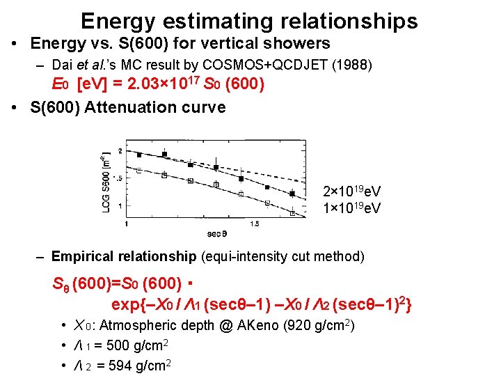 Energy estimating relationships • Energy vs. S(600) for vertical showers – Dai et al.