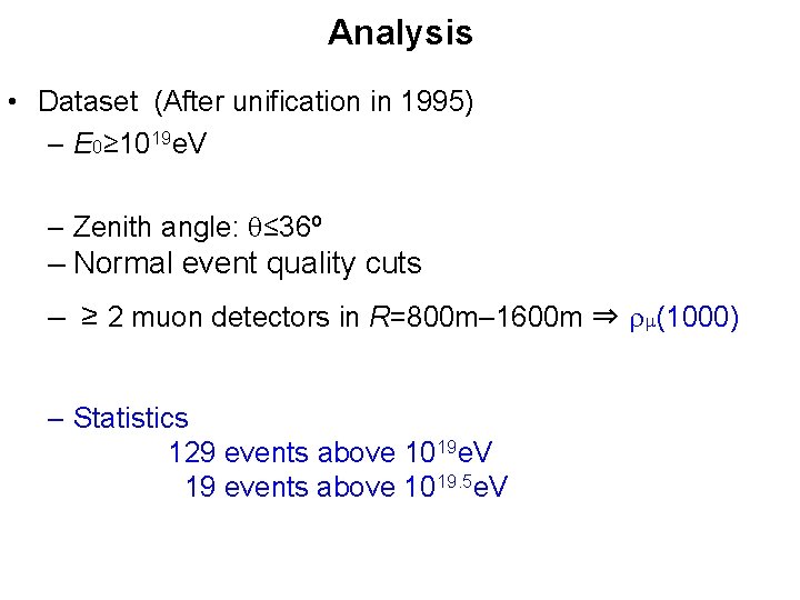 Analysis • Dataset (After unification in 1995) – E 0≥ 1019 e. V –