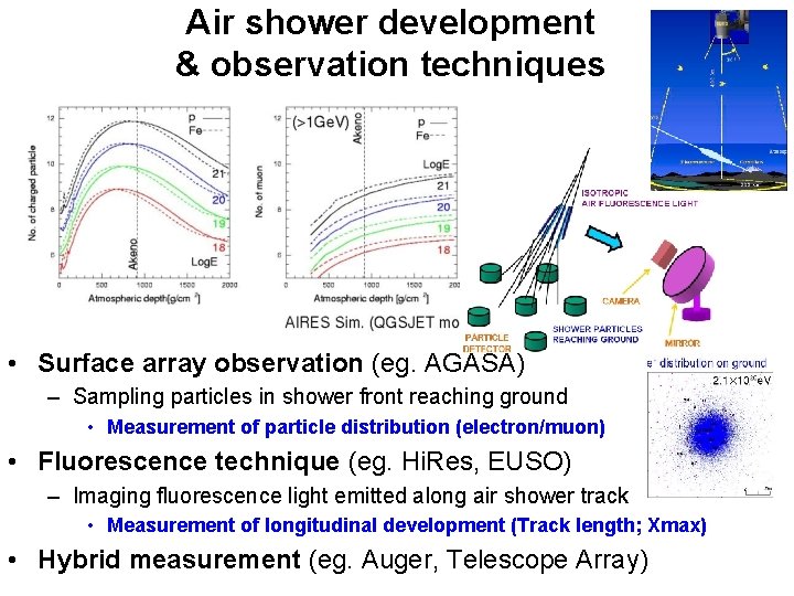 Air shower development & observation techniques • Surface array observation (eg. AGASA) – Sampling