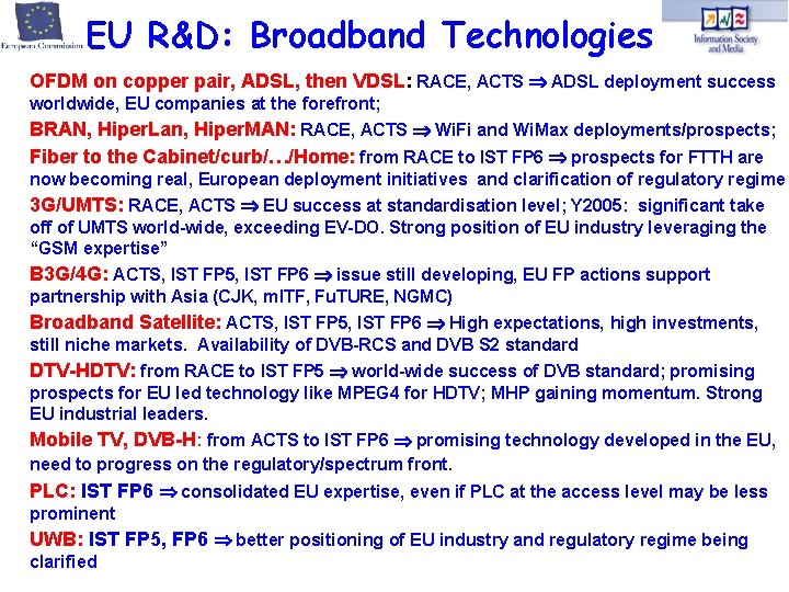 EU R&D: Broadband Technologies OFDM on copper pair, ADSL, then VDSL: RACE, ACTS ADSL