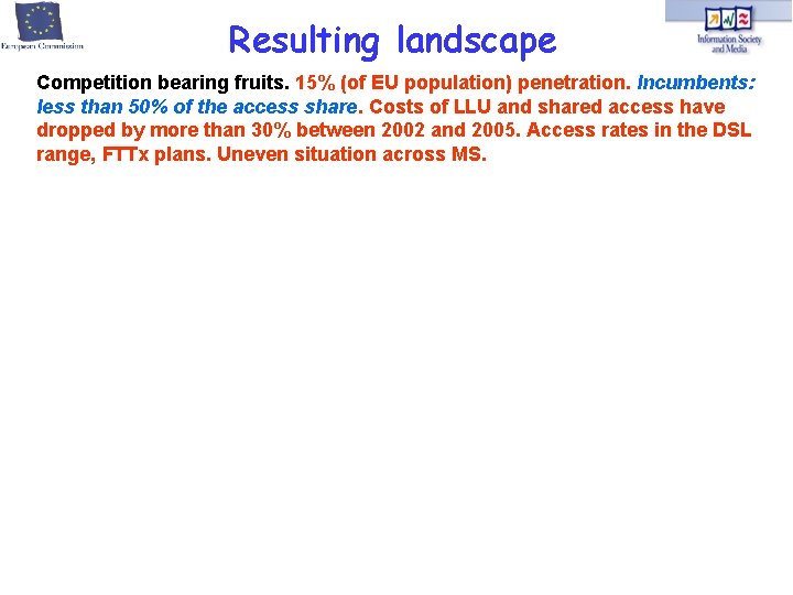 Resulting landscape Competition bearing fruits. 15% (of EU population) penetration. Incumbents: less than 50%