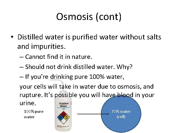 Osmosis (cont) • Distilled water is purified water without salts and impurities. – Cannot