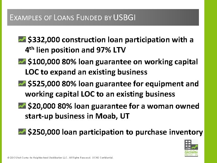 EXAMPLES OF LOANS FUNDED BY USBGI $332, 000 construction loan participation with a 4
