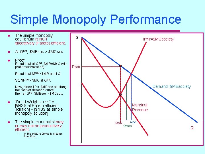 Simple Monopoly Performance u The simple monopoly equilibrium is NOT allocatively (Pareto) efficient. u