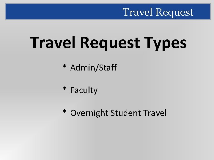 Travel Request Types * Admin/Staff * Faculty * Overnight Student Travel 