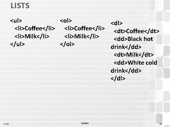 LISTS <ul> <ol> <dl> <li>Coffee</li> <dt>Coffee</dt> <li>Milk</li> <dd>Black hot </ul> </ol> drink</dd> <dt>Milk</dt> <dd>White