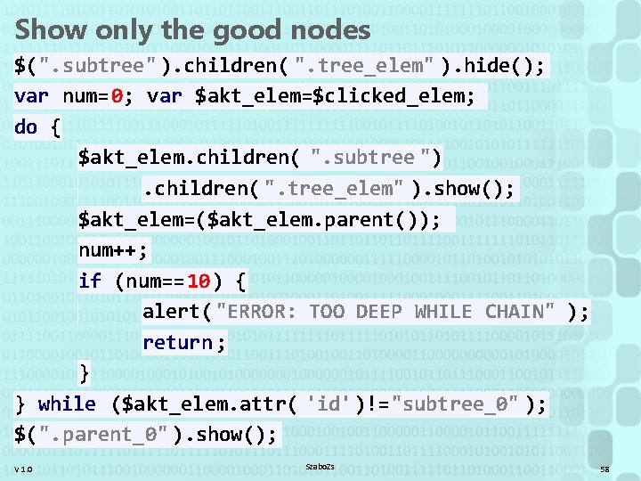 Show only the good nodes $(". subtree" ). children( ". tree_elem" ). hide(); var