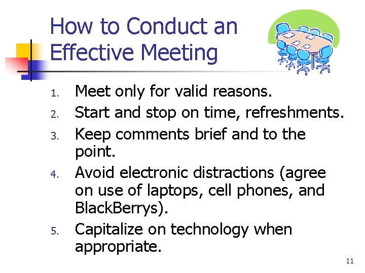 How to Conduct an Effective Meeting 1. 2. 3. 4. 5. Meet only for