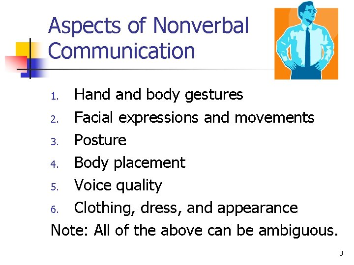 Aspects of Nonverbal Communication Hand body gestures 2. Facial expressions and movements 3. Posture