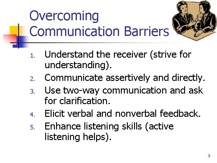 Overcoming Communication Barriers 1. 2. 3. 4. 5. Understand the receiver (strive for understanding).