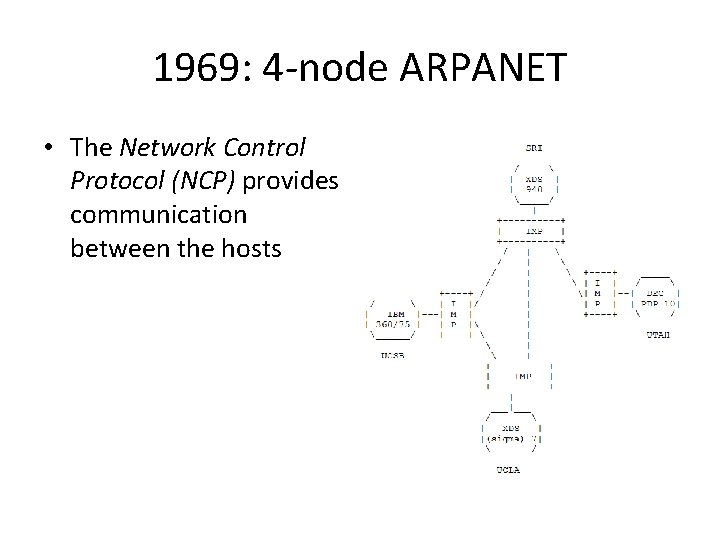 1969: 4 -node ARPANET • The Network Control Protocol (NCP) provides communication between the