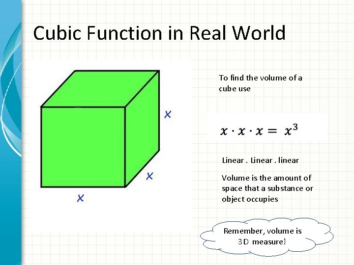 Cubic Function in Real World To find the volume of a cube use Linear.