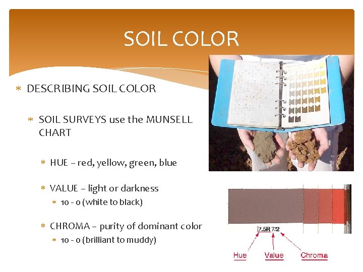 SOIL COLOR DESCRIBING SOIL COLOR SOIL SURVEYS use the MUNSELL CHART HUE – red,