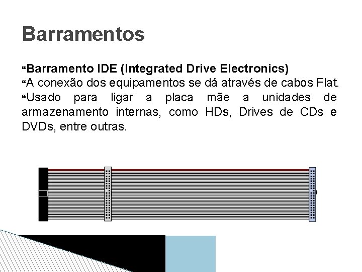 Barramentos Barramento IDE (Integrated Drive Electronics) A conexão dos equipamentos se dá através de