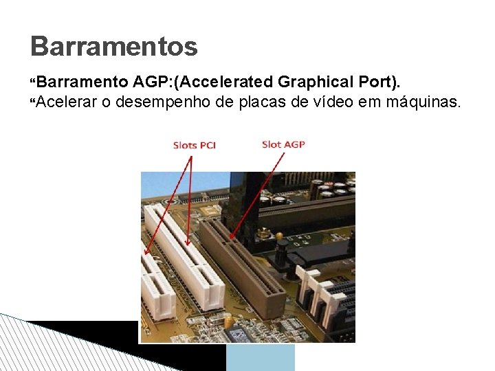 Barramentos Barramento AGP: (Accelerated Graphical Port). Acelerar o desempenho de placas de vídeo em