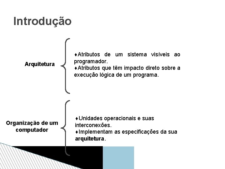 Introdução ¨Atributos de um sistema visíveis ao Arquitetura Organização de um computador programador. ¨Atributos