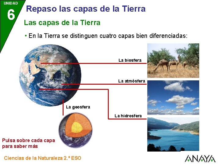 UNIDAD 6 Repaso las capas de la Tierra Las capas de la Tierra •