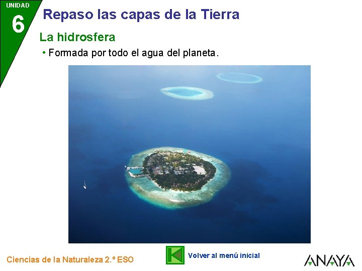 UNIDAD 6 Repaso las capas de la Tierra La hidrosfera • Formada por todo