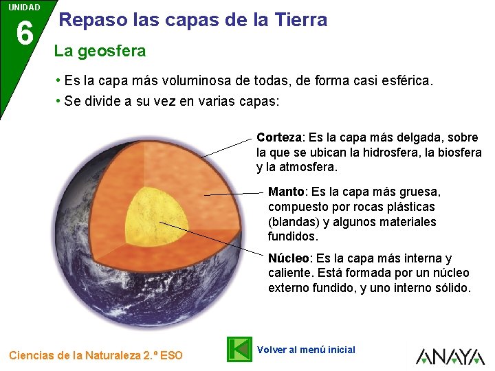 UNIDAD 6 Repaso las capas de la Tierra La geosfera • Es la capa