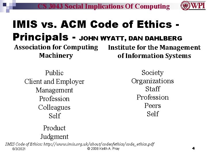 CS 3043 Social Implications Of Computing IMIS vs. ACM Code of Ethics Principals -
