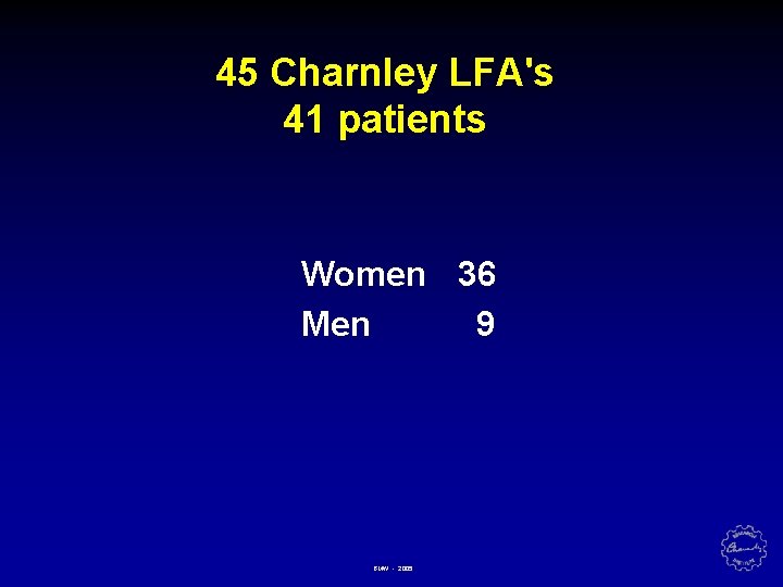 45 Charnley LFA's 41 patients Women 36 Men 9 BMW - 2005 