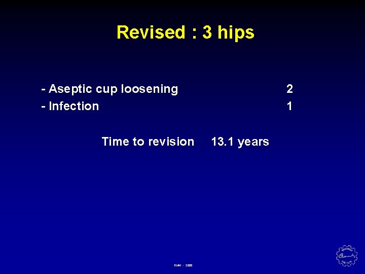 Revised : 3 hips - Aseptic cup loosening - Infection Time to revision BMW