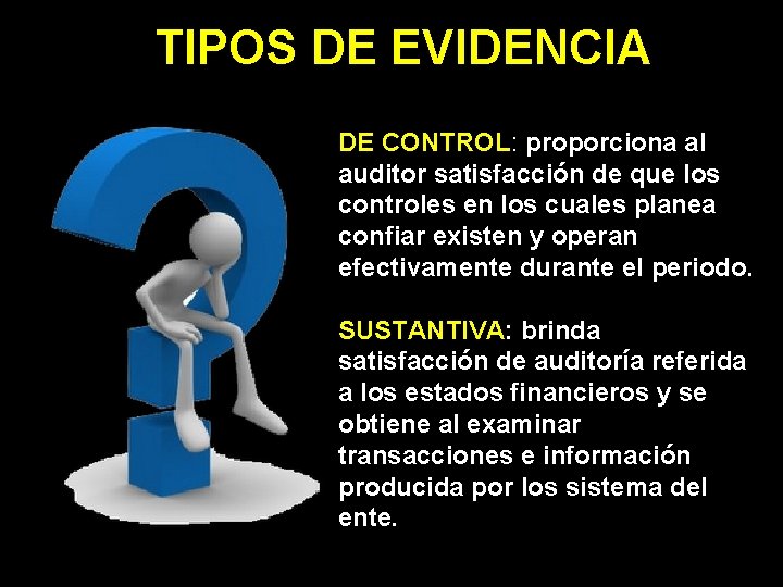 TIPOS DE EVIDENCIA DE CONTROL: proporciona al auditor satisfacción de que los controles en