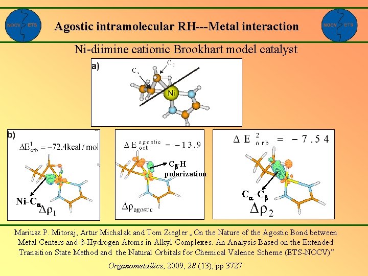 Agostic intramolecular RH---Metal interaction Ni-diimine cationic Brookhart model catalyst Cb-H polarization Ni-Ca Ca-Cb Mariusz