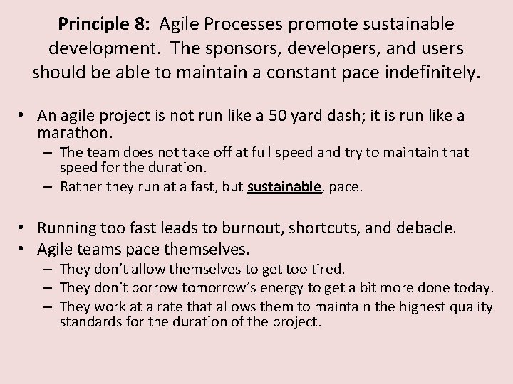 Principle 8: Agile Processes promote sustainable development. The sponsors, developers, and users should be