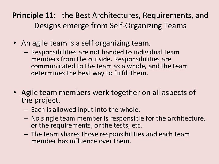 Principle 11: the Best Architectures, Requirements, and Designs emerge from Self-Organizing Teams • An