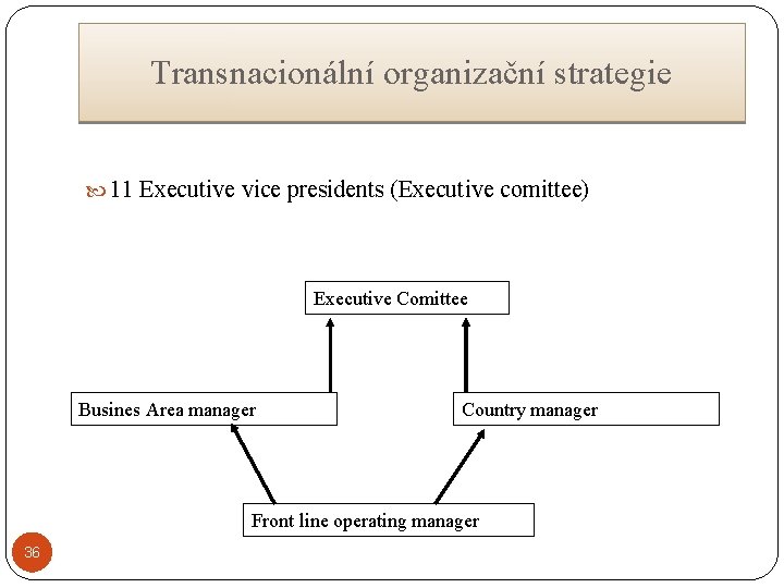 Transnacionální organizační strategie 11 Executive vice presidents (Executive comittee) Executive Comittee Busines Area manager