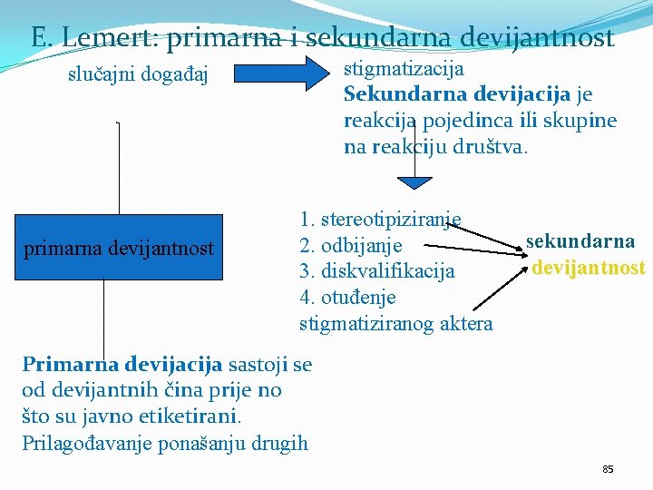 E. Lemert: primarna i sekundarna devijantnost stigmatizacija Sekundarna devijacija je reakcija pojedinca ili skupine