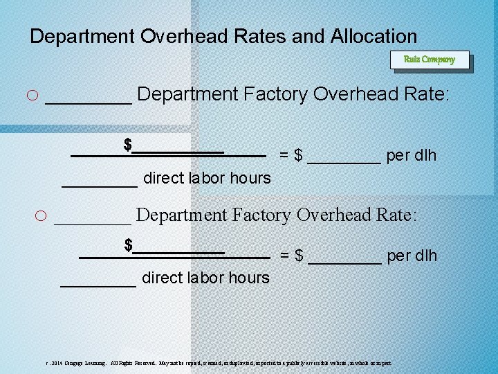 Department Overhead Rates and Allocation Ruiz Company o ________ Department Factory Overhead Rate: $__________ Department Overhead Rates and Allocation Ruiz Company o ________ Department Factory Overhead Rate: $__________