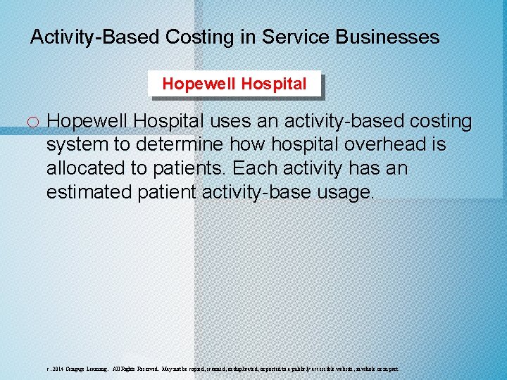 Activity-Based Costing in Service Businesses Hopewell Hospital o Hopewell Hospital uses an activity-based costing Activity-Based Costing in Service Businesses Hopewell Hospital o Hopewell Hospital uses an activity-based costing