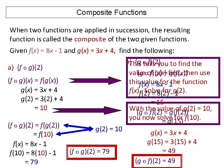 Composite Functions When two functions are applied in succession, the resulting function is called