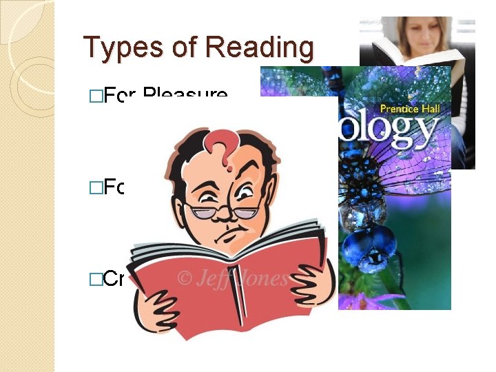 Types of Reading �For Pleasure �For Information �Critical Reading 