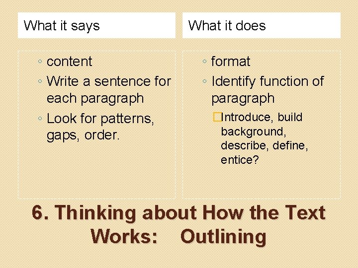 What it says ◦ content ◦ Write a sentence for each paragraph ◦ Look