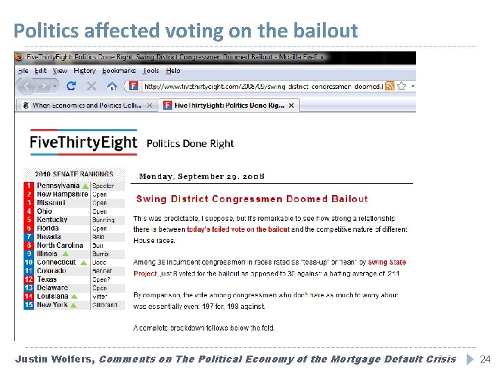 Politics affected voting on the bailout Justin Wolfers, Comments on The Political Economy of