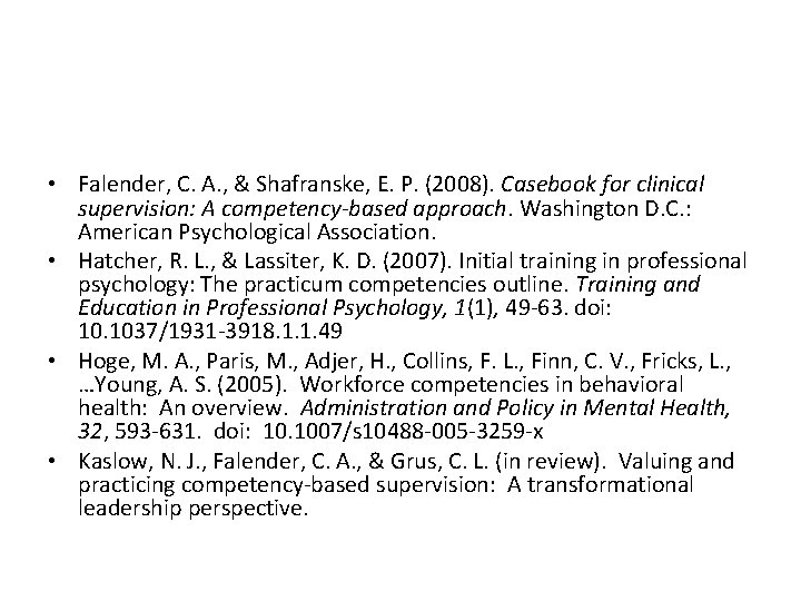  • Falender, C. A. , & Shafranske, E. P. (2008). Casebook for clinical