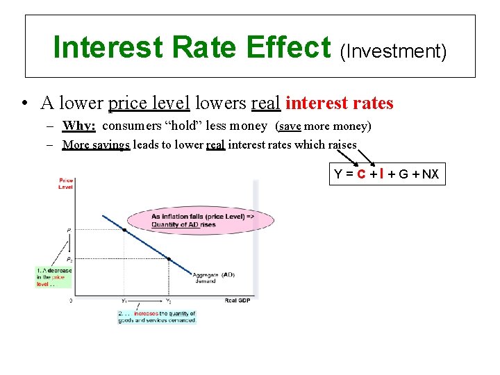 Interest Rate Effect (Investment) • A lower price level lowers real interest rates –