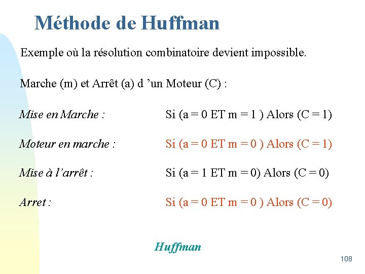 Méthode de Huffman Exemple où la résolution combinatoire devient impossible. Marche (m) et Arrêt