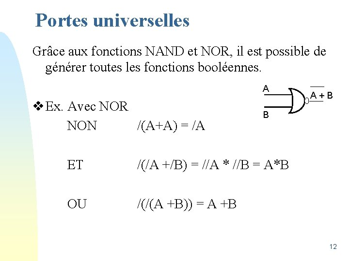 Portes universelles Grâce aux fonctions NAND et NOR, il est possible de générer toutes