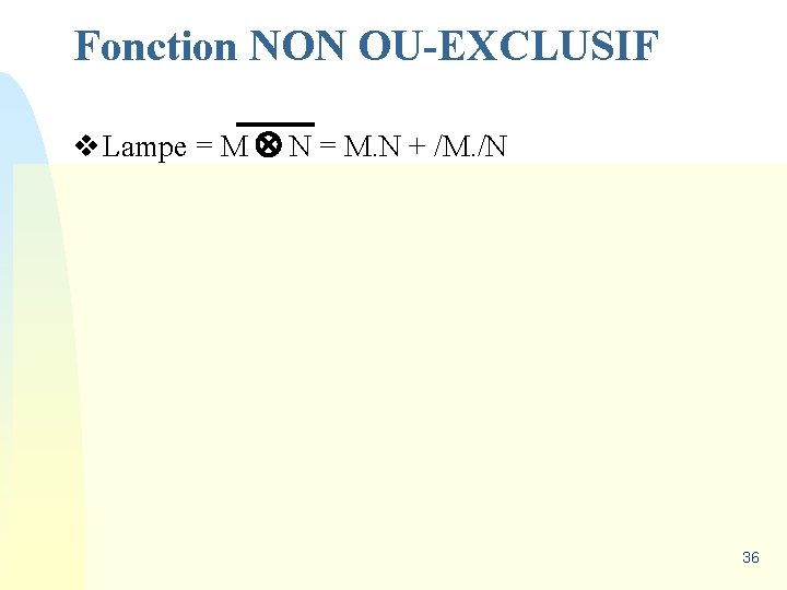 Fonction NON OU-EXCLUSIF v Lampe = M N = M. N + /M. /N