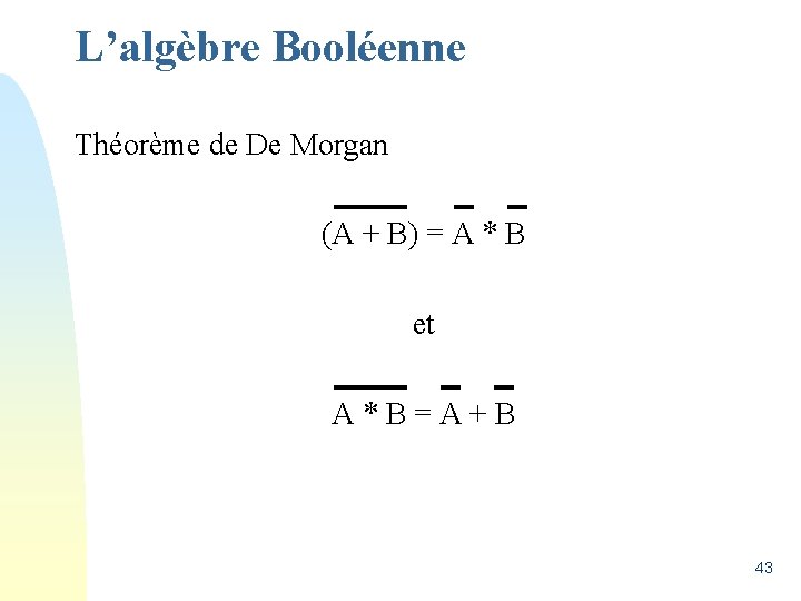 L’algèbre Booléenne Théorème de De Morgan (A + B) = A * B et